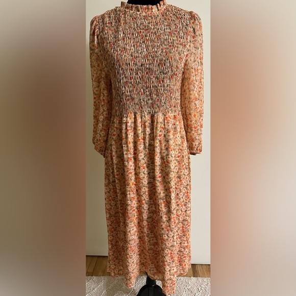 Sweet Rain Women's Floral Smocked Puff Long Sleeve Midi Dress - Size L - Picture 1 of 5